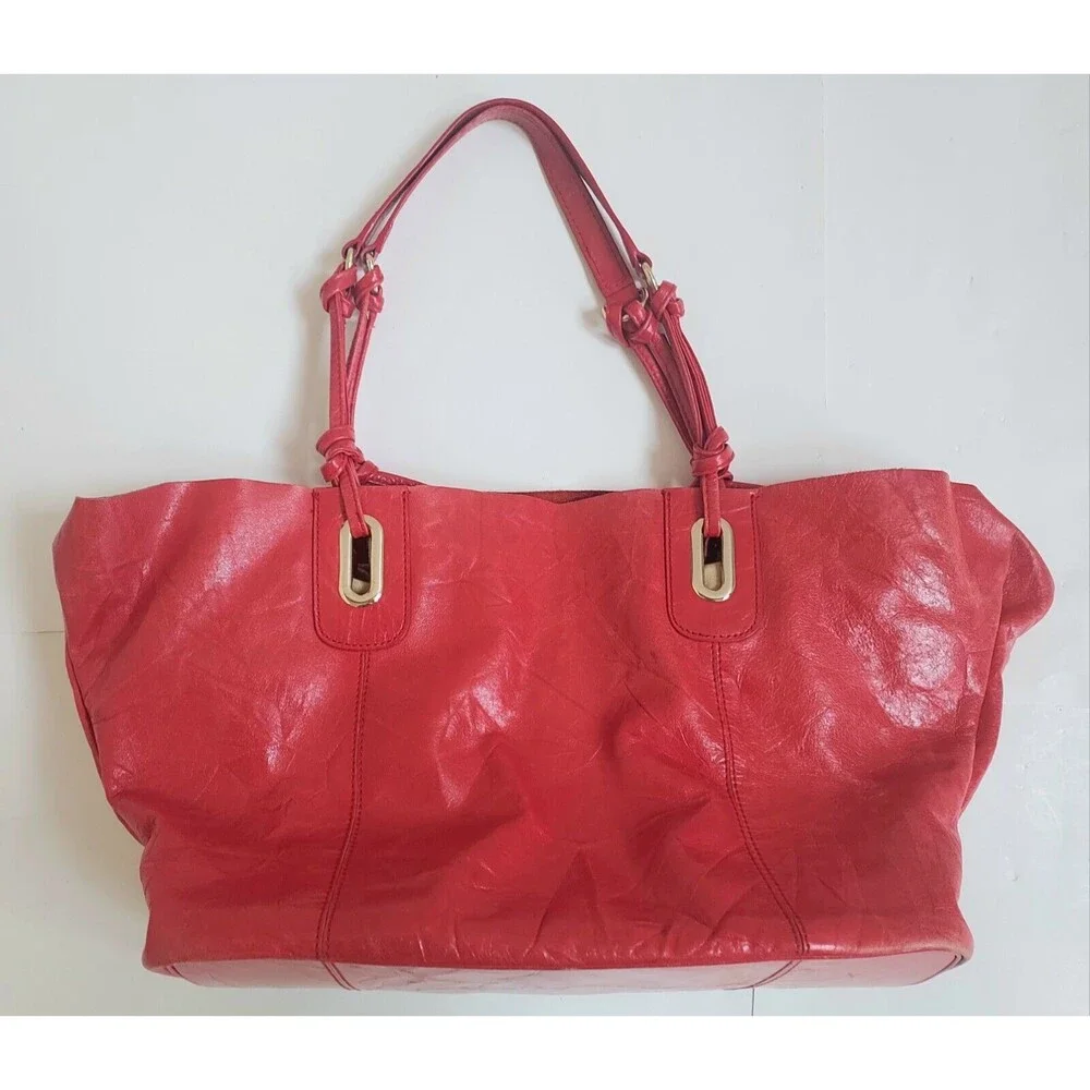 Vintage Shiny Red Leather Shoulder Bag W/ Removable Cloth Lining & Change Purse